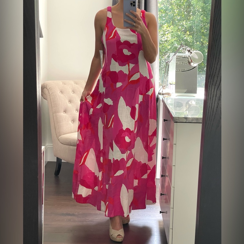 New! Vibrant Pink Floral Sleeveless Maxi Dress, thick straps size L